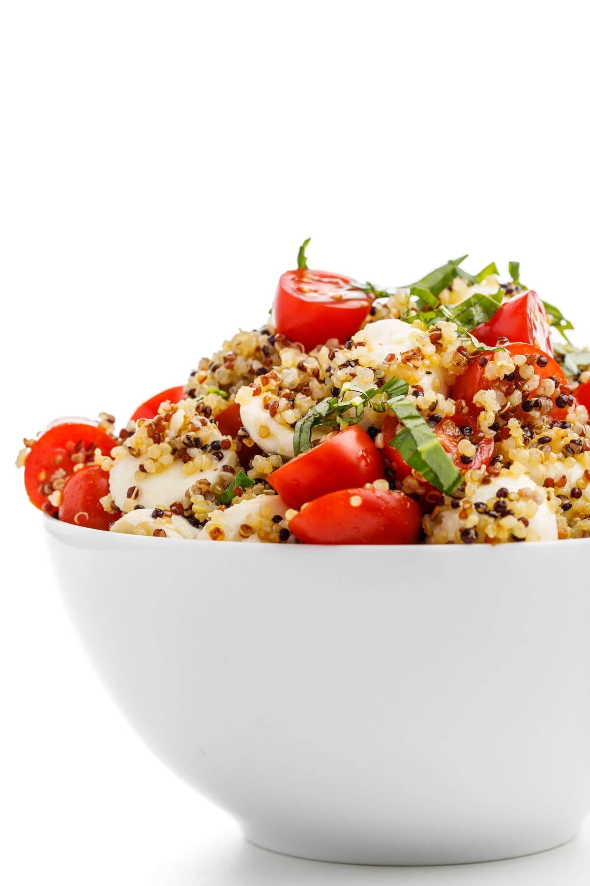 Caprese quinoa salad side view.