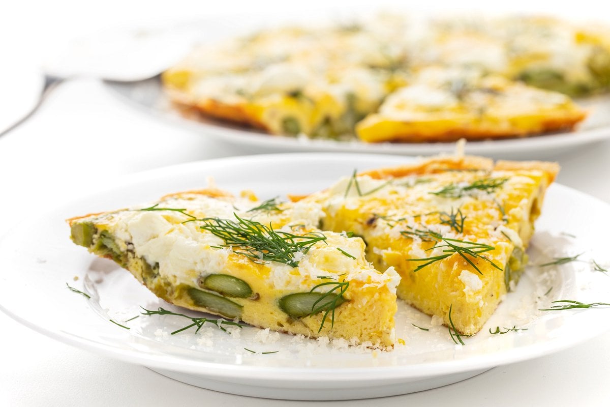 Asparagus and goat cheese frittata wedges on a plate.