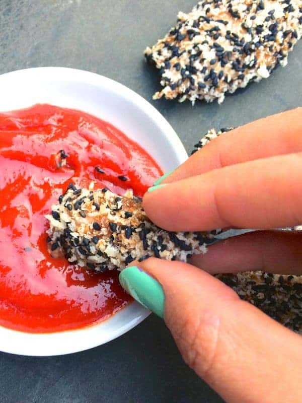 Sesame Crusted Baked Chicken Fingers with Sriracha Ketchup - The Lemon Bowl
