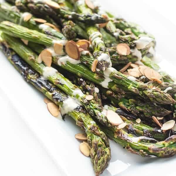 Grilled Asparagus with Lemon Tahini Sauce - a fast and easy side dish recipe