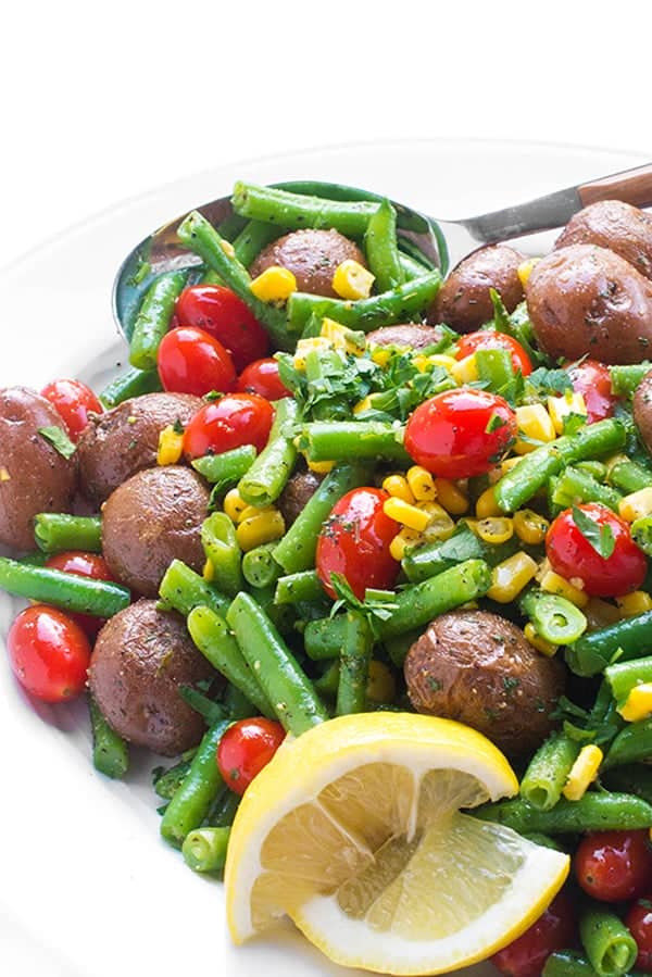 Warm Potato Salad with Green Beans, Tomatoes and Corn - a fresh side dish recipe