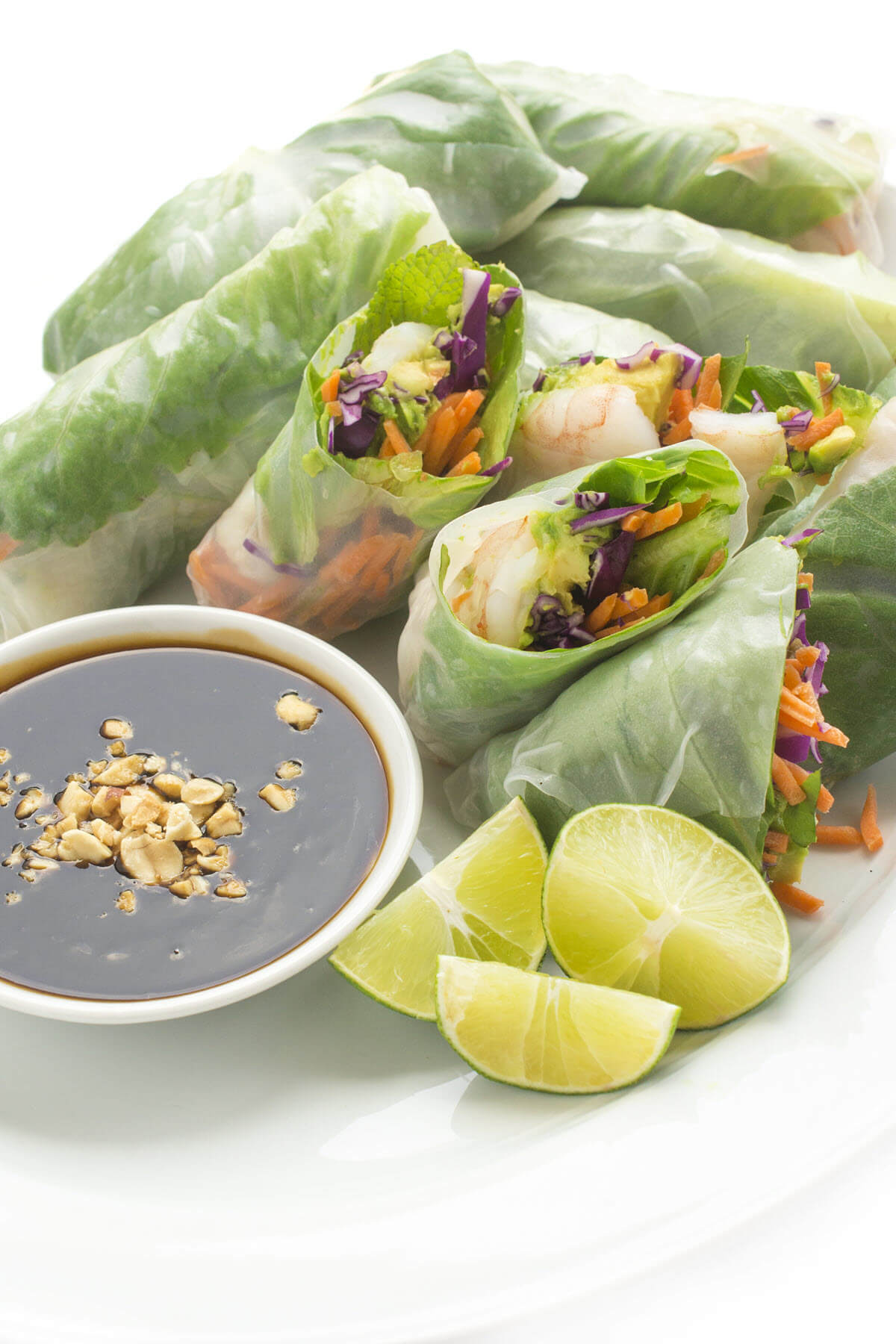 Vietnamese spring rolls on a plate with hoisin sauce