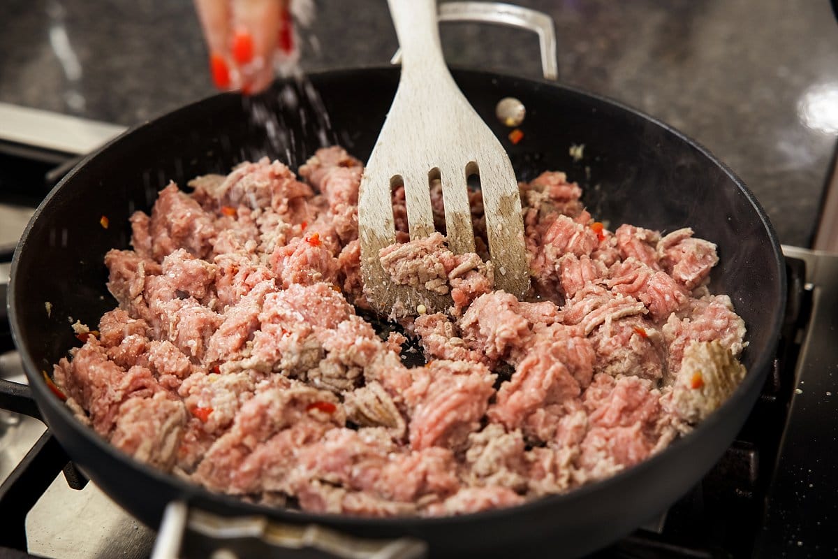 raw ground turkey in a pan