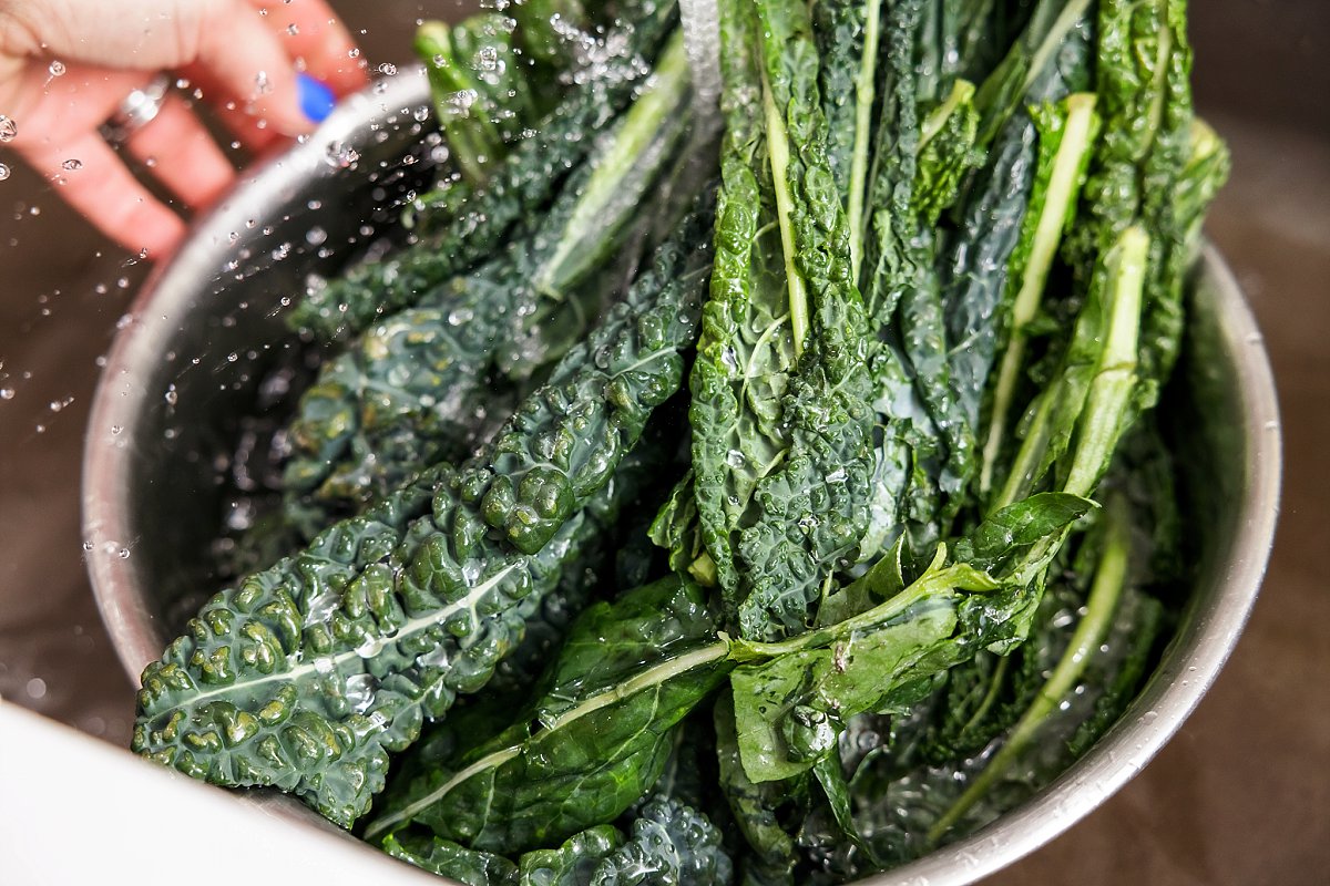 soaking kale in a bowl