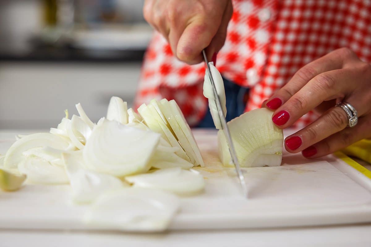 Liz cutting an onion