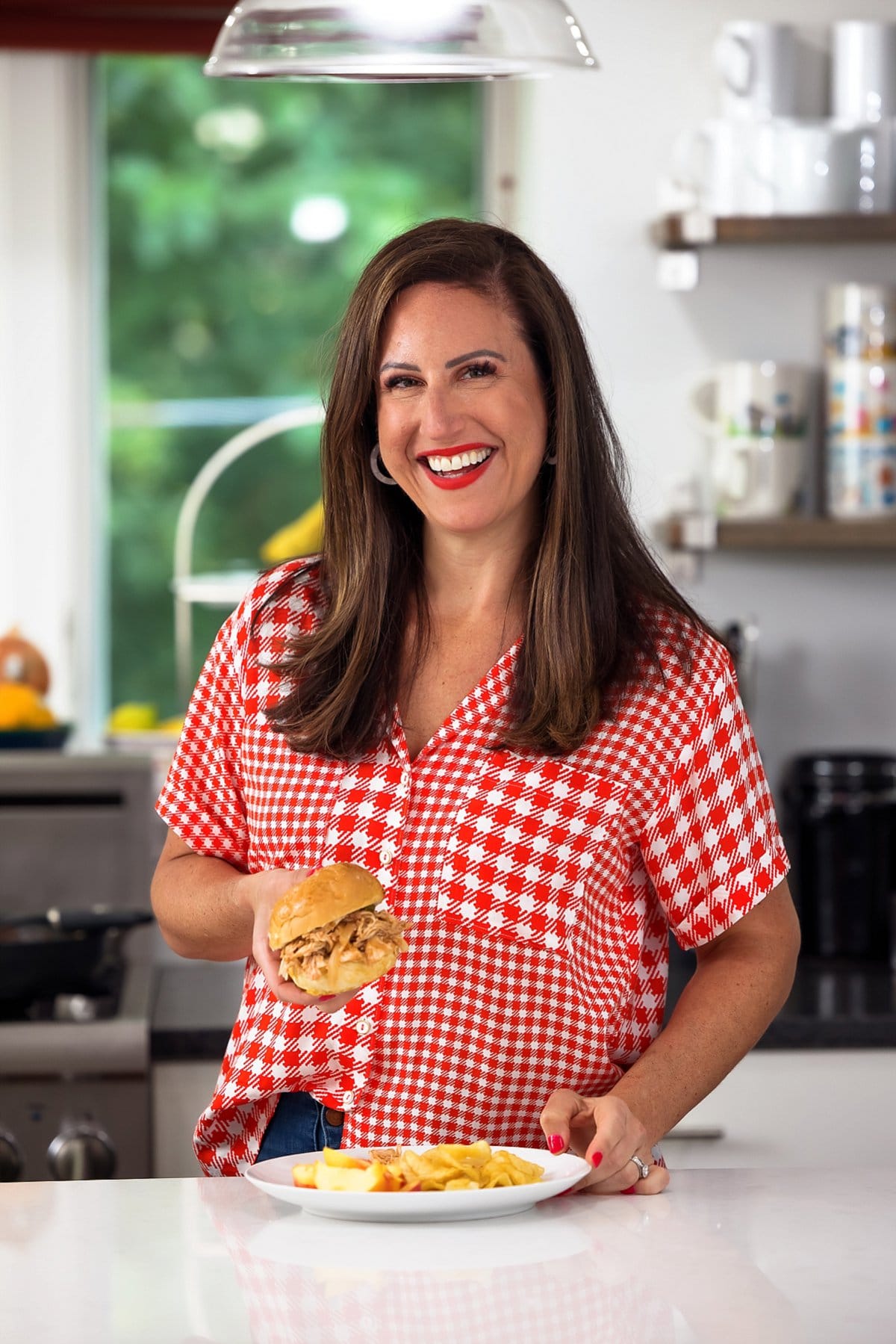 Liz with BBQ chicken sandwich