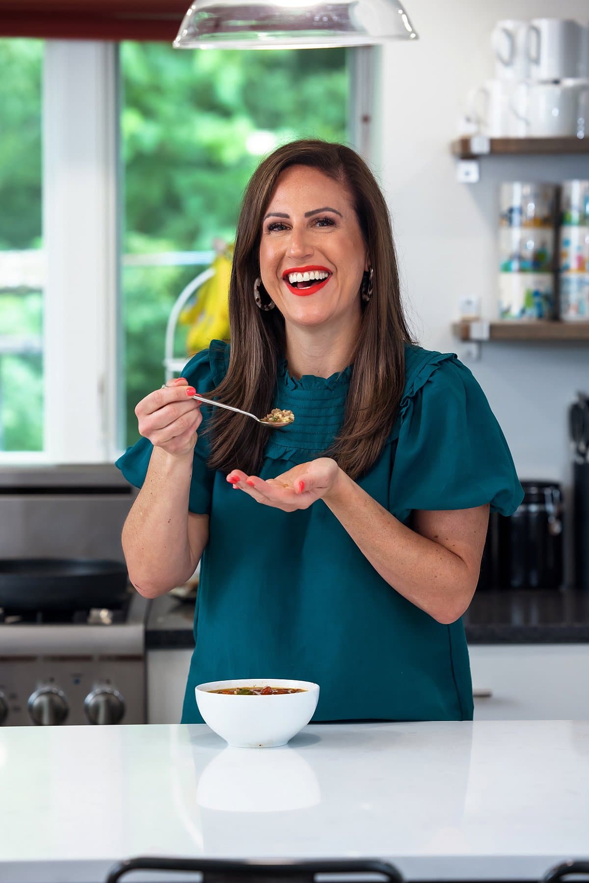 Liz with stuffed pepper soup
