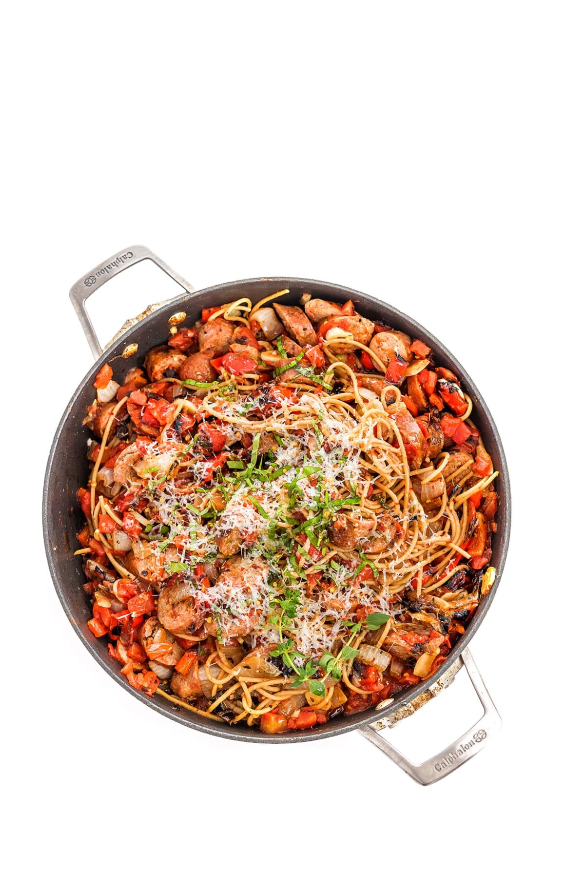 sausage and peppers pasta top view