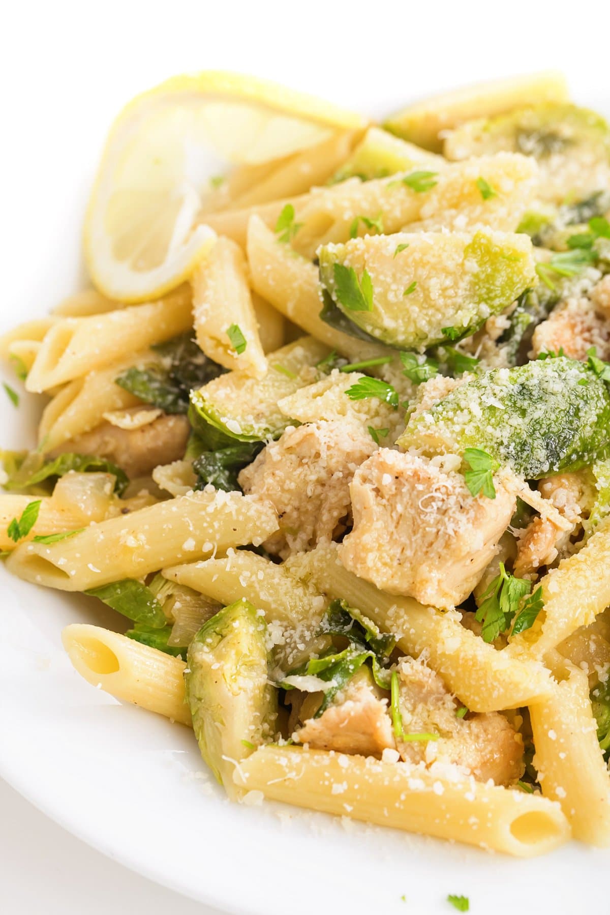A close up of a plate of food with broccoli, with Chicken and Penne