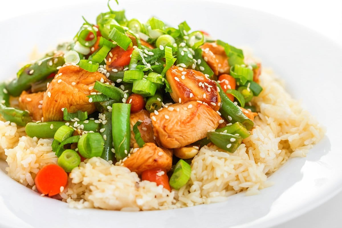 Sesame chicken and green bean stir fry.