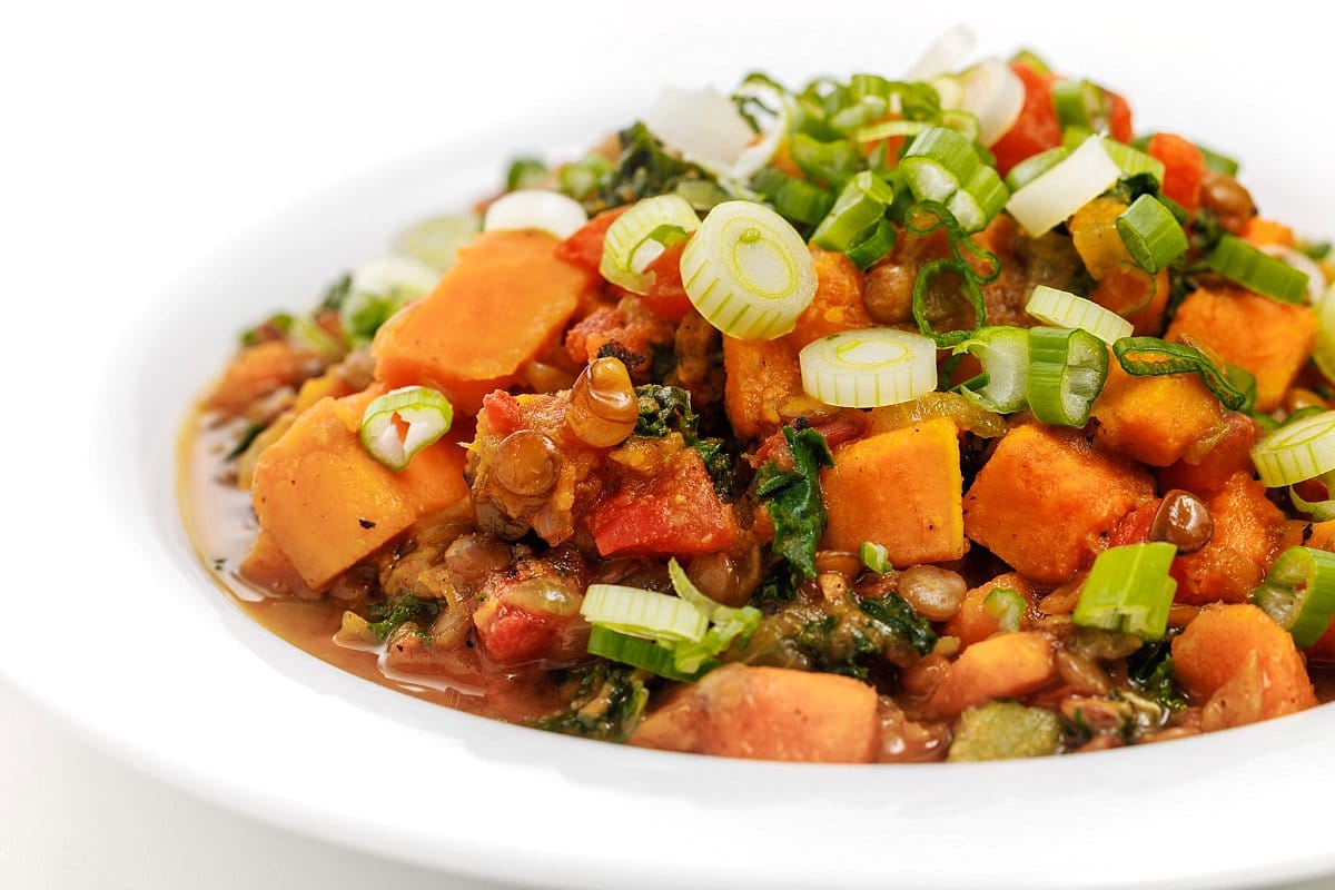 Curried lentils with sweet potatoes.