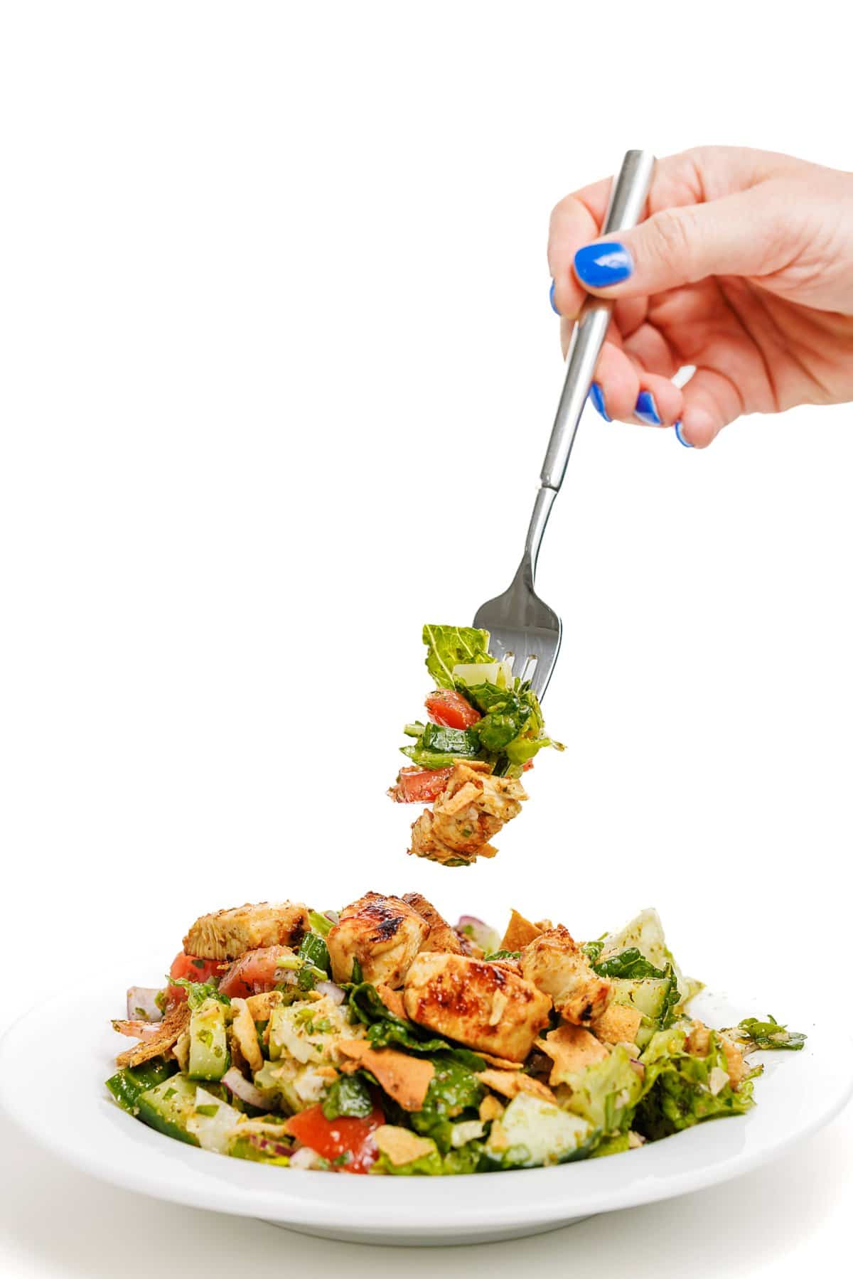 Forkful of chicken tawook fattoush salad.