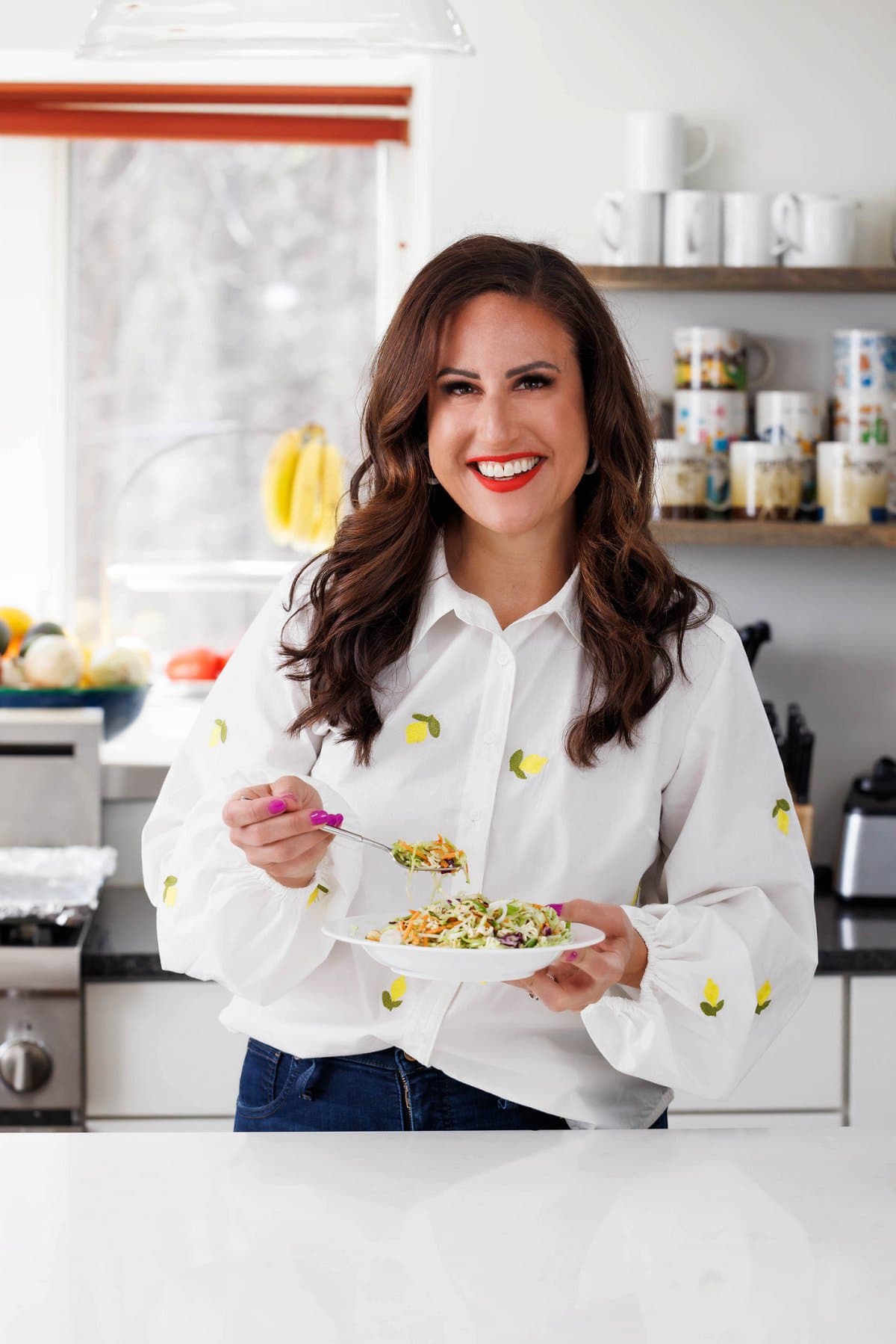 Liz eating ramen broccoli slaw.