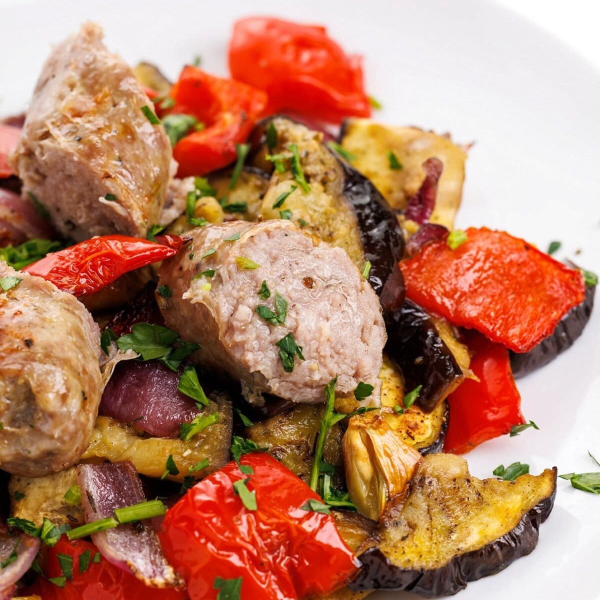 Sheet Pan Sausage, Eggplant, and Peppers