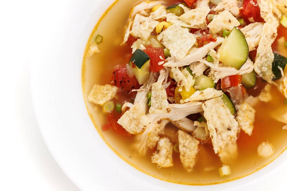 Chicken tortilla soup with hominy.