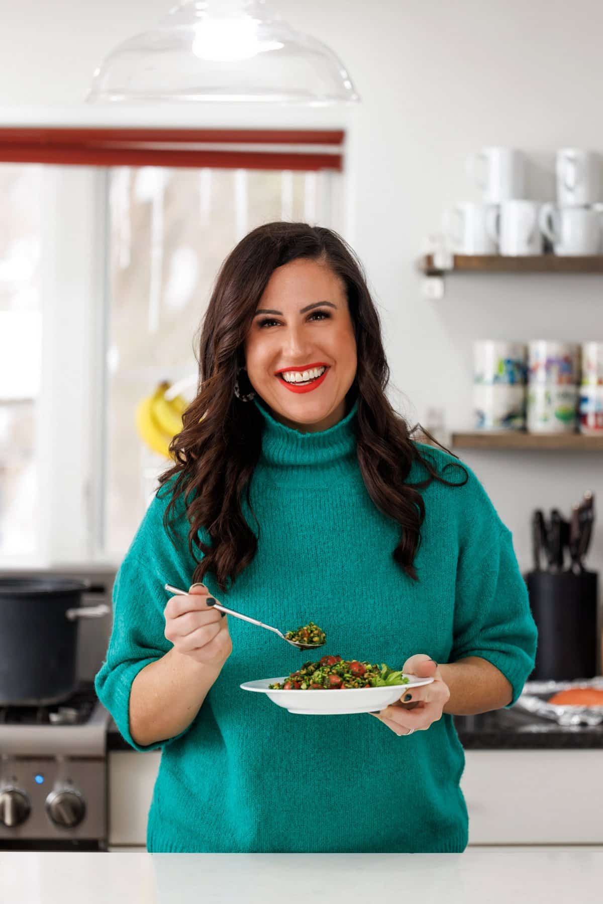 Liz enjoying spelt tabbouleh with jalapeño vinaigrette.
