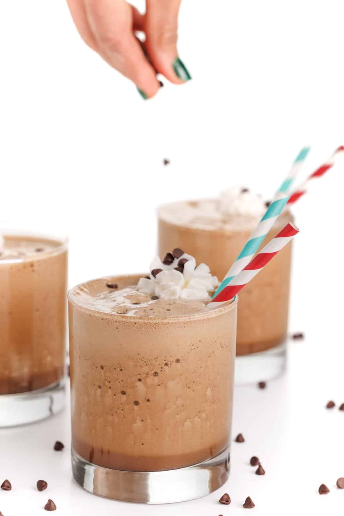 Garnishing Starbucks mocha Frappuccino (healthy copycat).