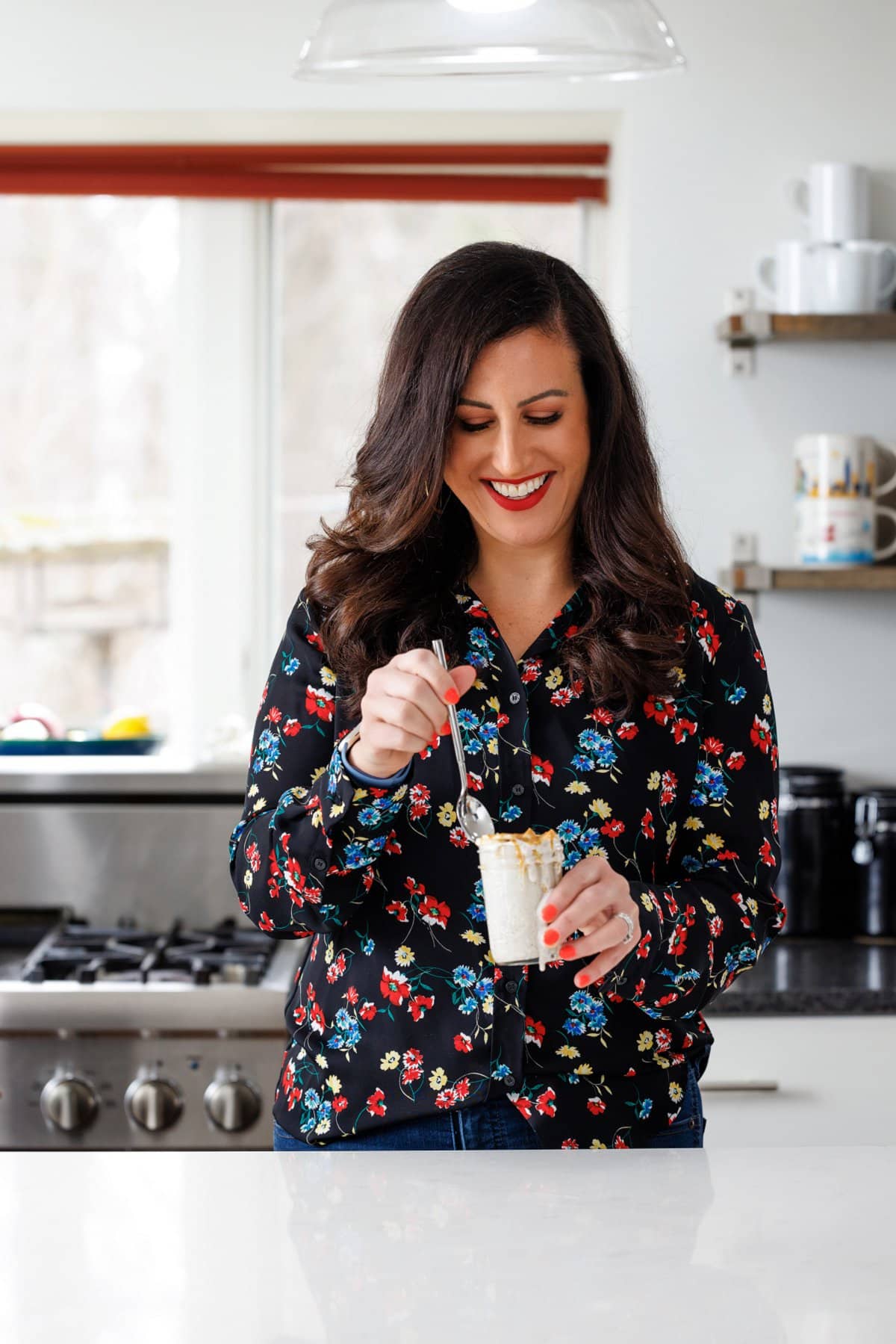 Liz eating overnight steel cut oats.