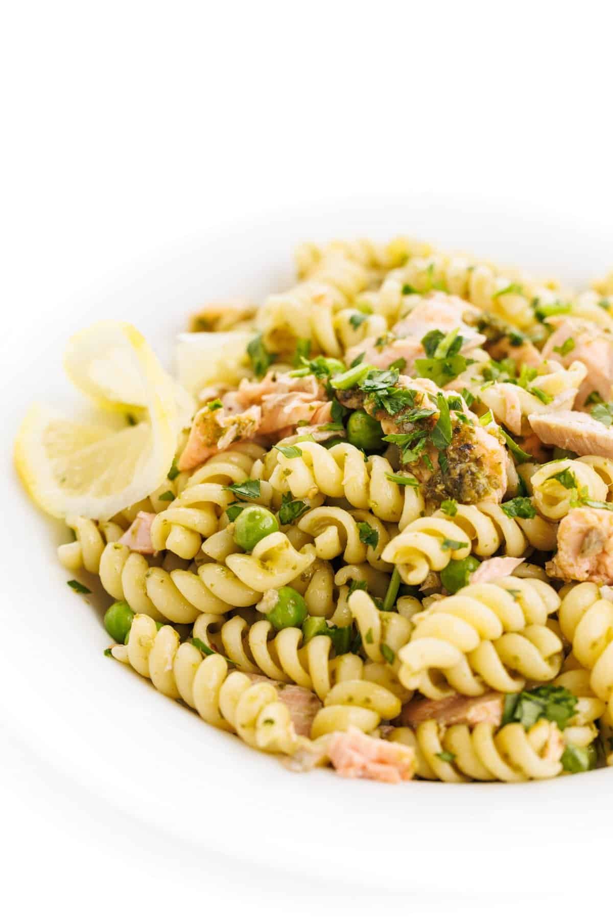 Pesto pasta with salmon and peas.