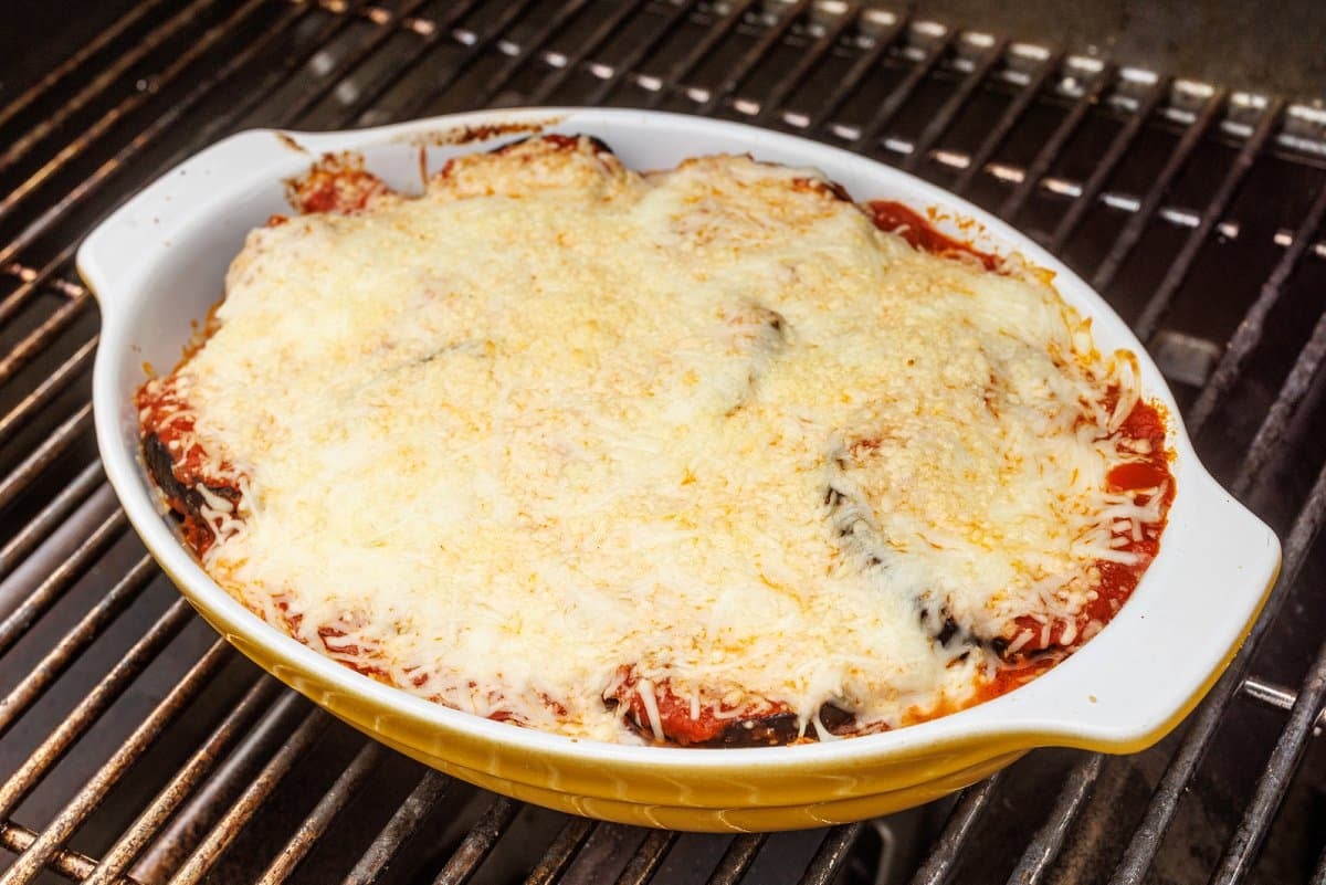 Eggplant parmesan baking in the oven.