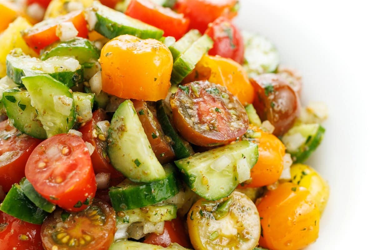 Close up of Mediterranean chopped salad.