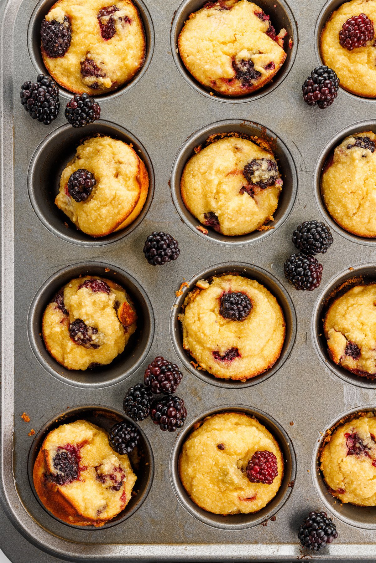 Almond flour blackberry muffins in tin.