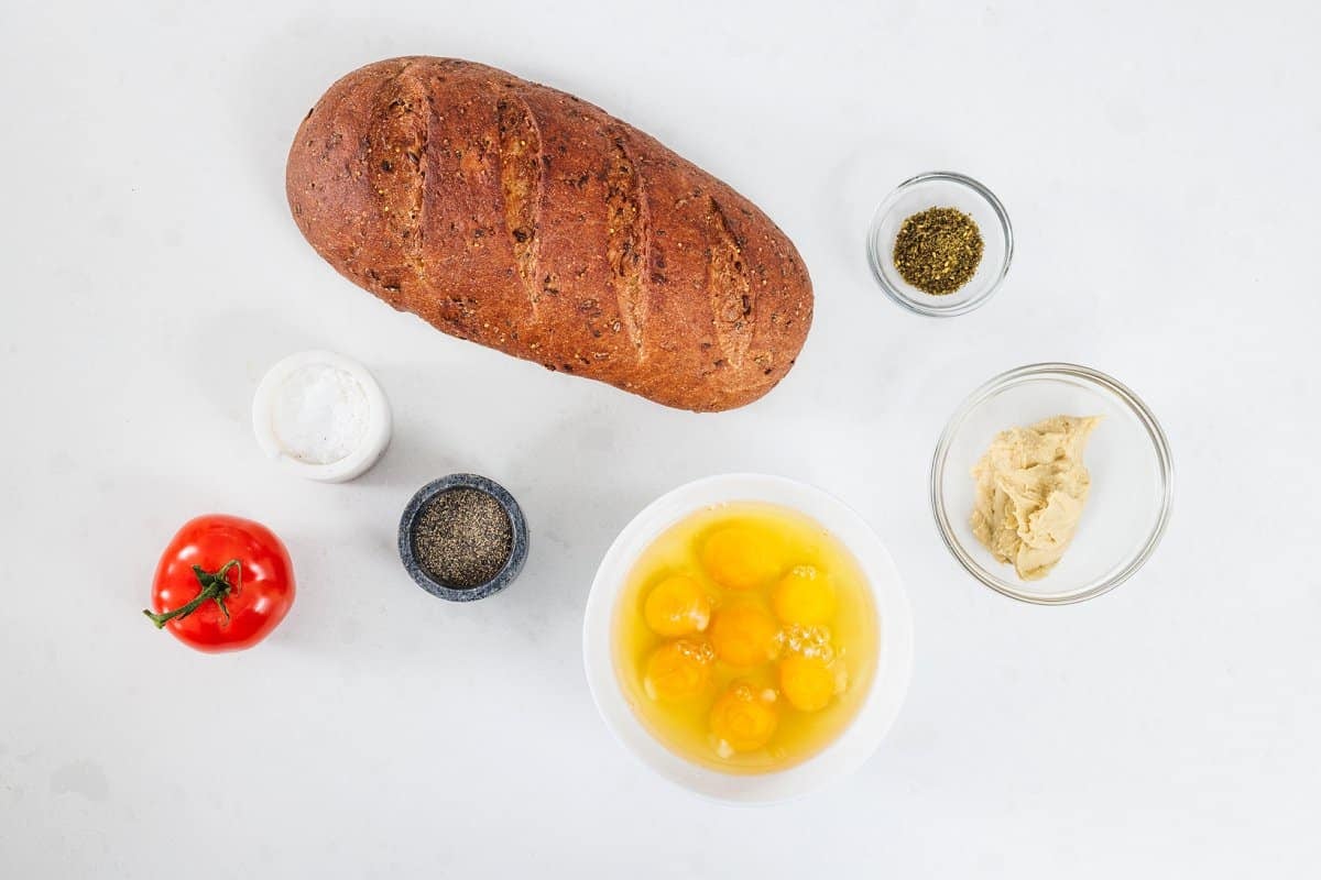 Ingredients for hummus toast with scrambled eggs.