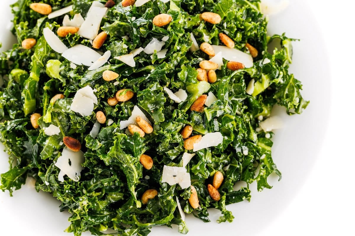 Kale Caesar salad top view.