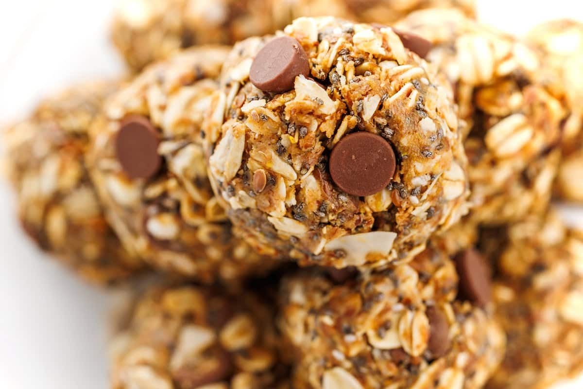 No bake chocolate chia energy bites up close.