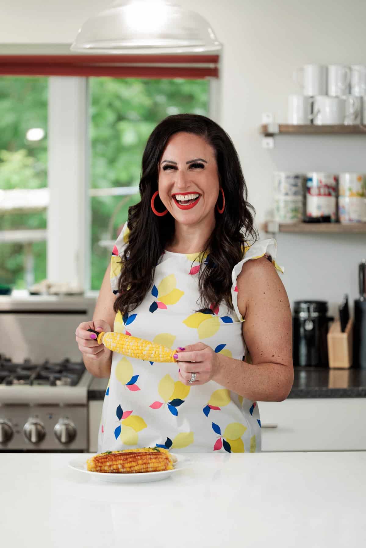 Liz eating corn on the cob.