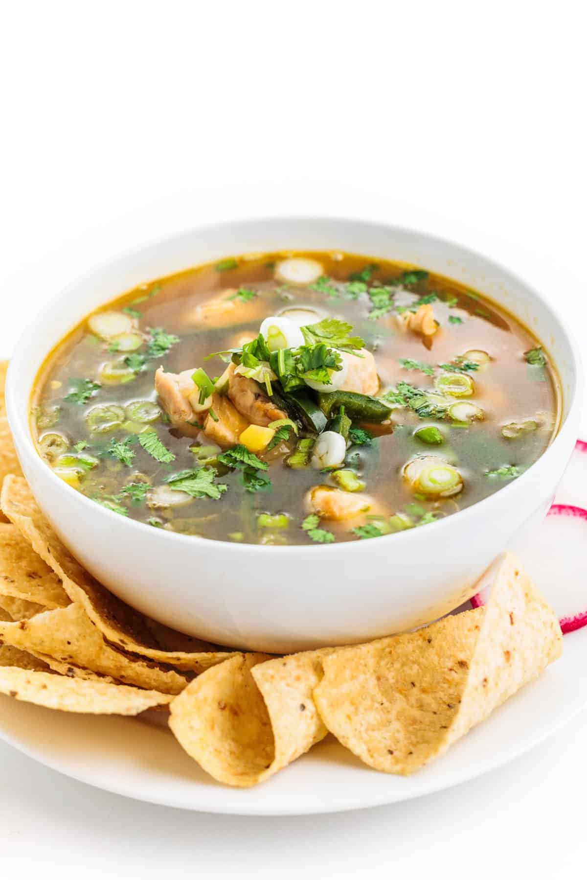 Chicken poblano soup with corn.