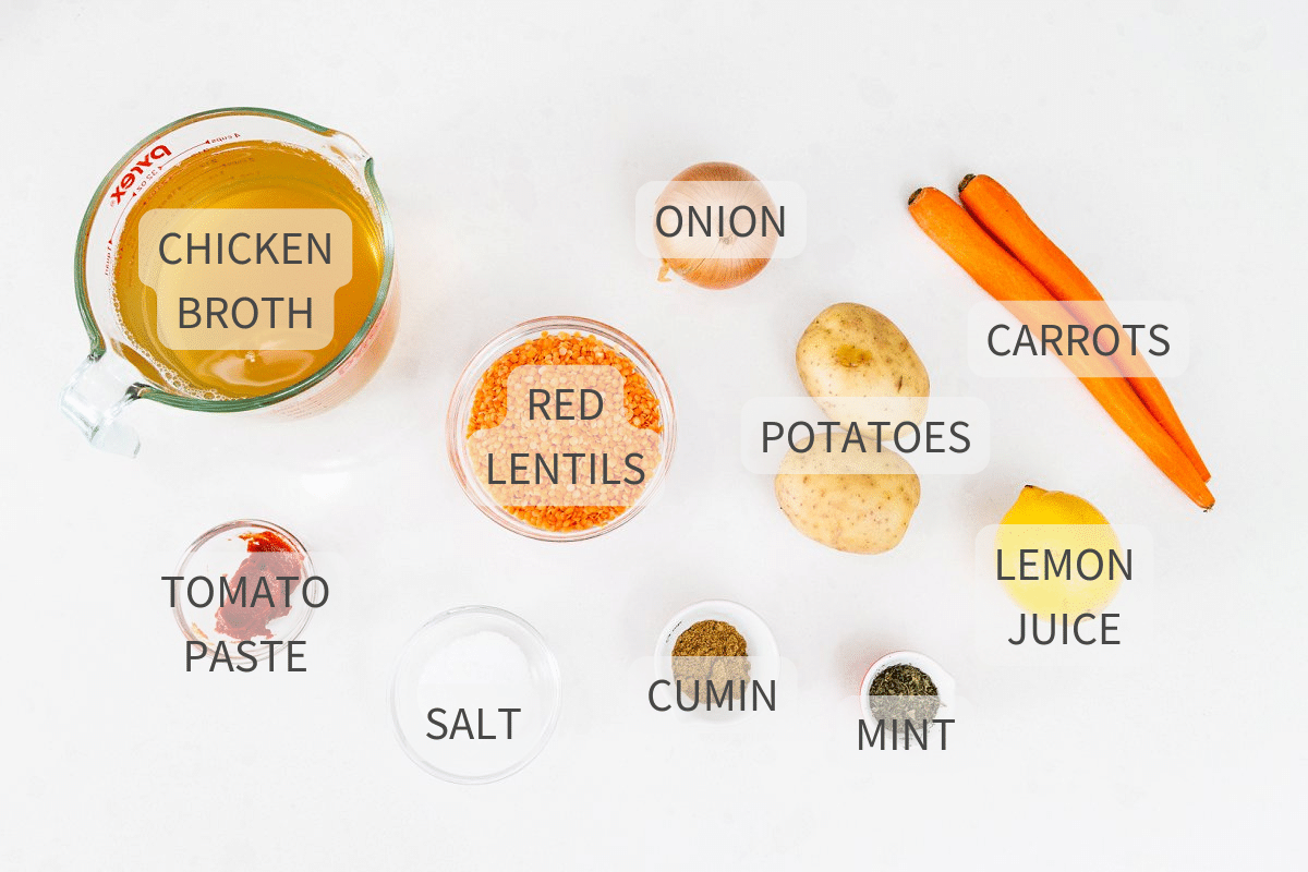 Ingredients for red lentil soup, labeled against a white background.