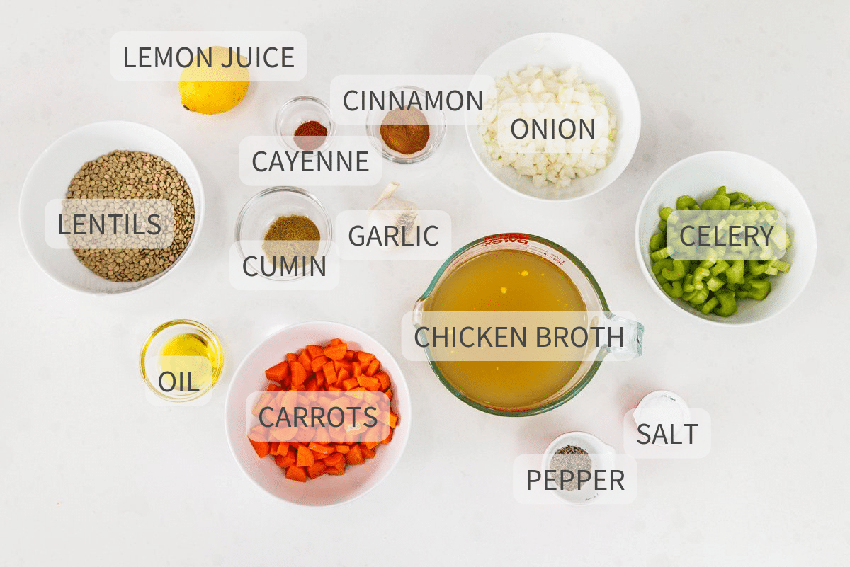 Labeled ingredients for Arabic lentil soup against a white backdrop.