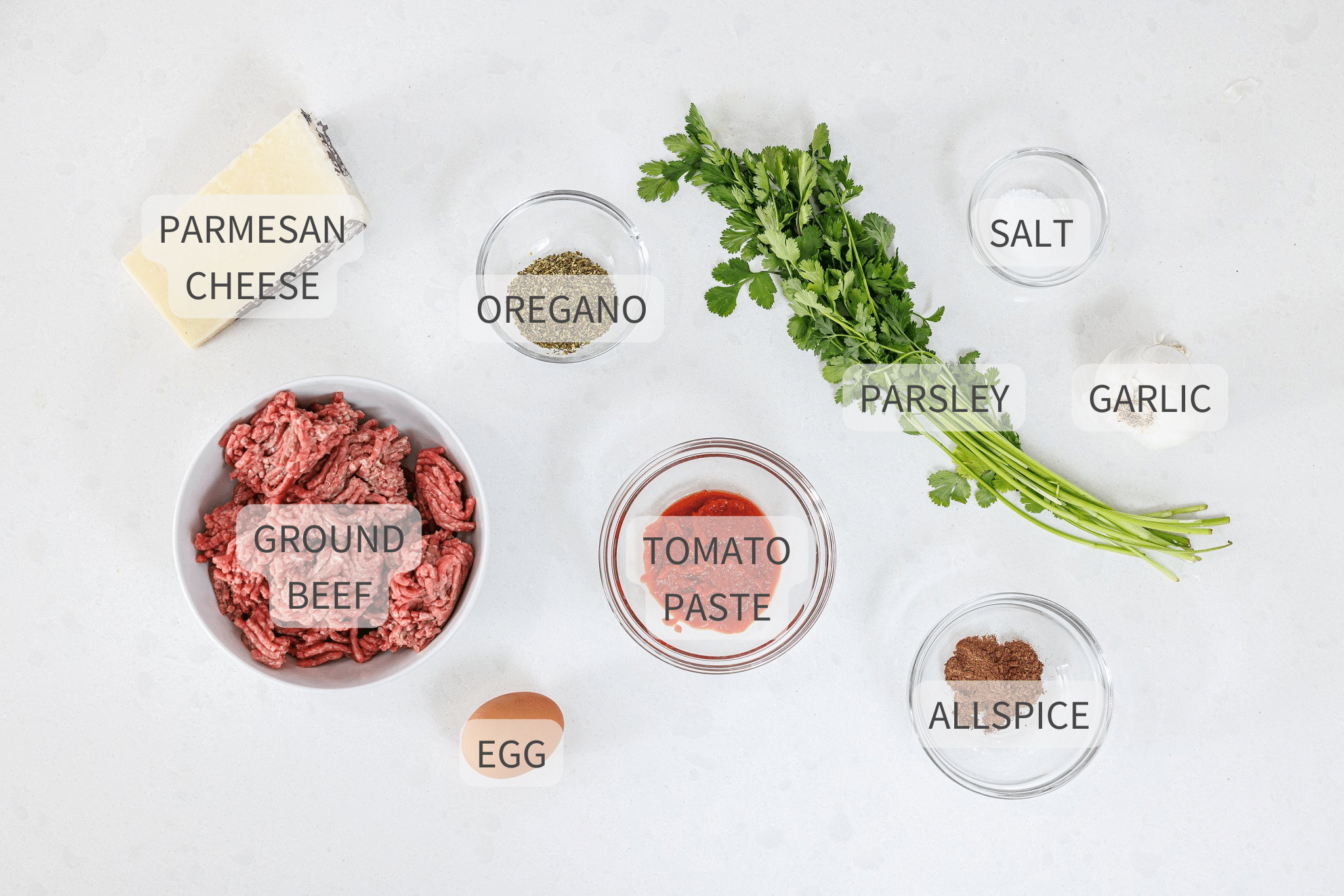 Labeled ingredients for keftedes baked greek meatballs.