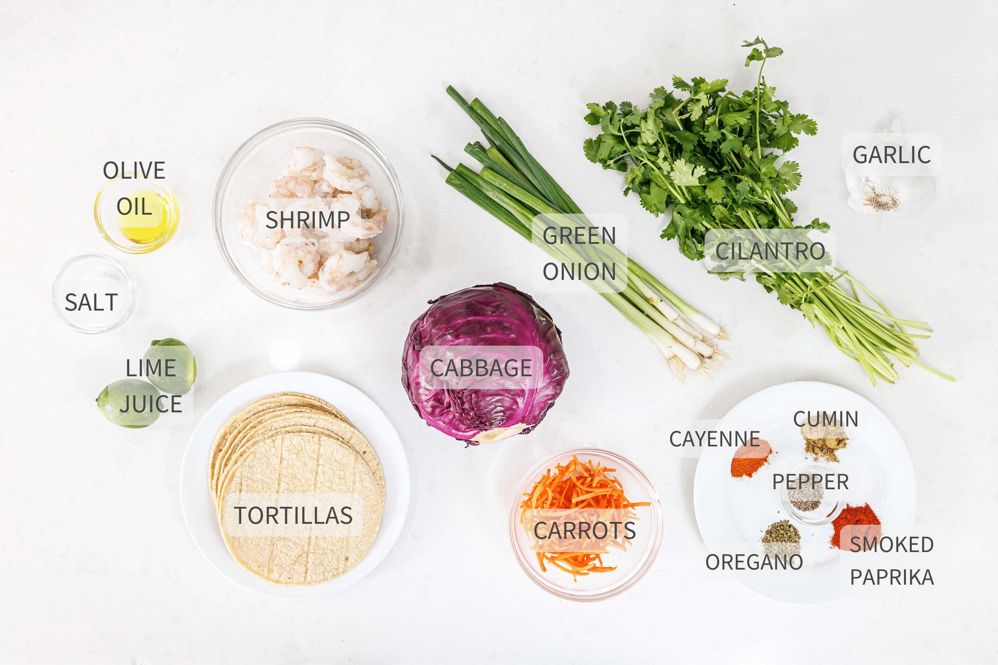 Labeled ingredients for grilled shrimp tacos with cabbage slaw.