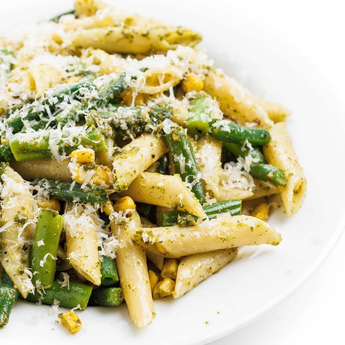 Pesto Pasta Salad with Green Beans and Corn