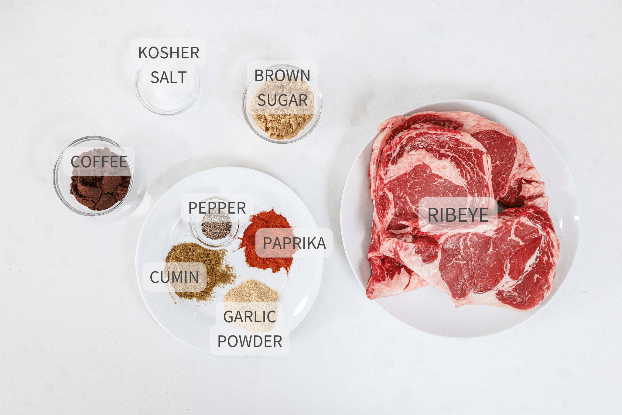 Labeled ingredients for coffee crusted ribeyes.
