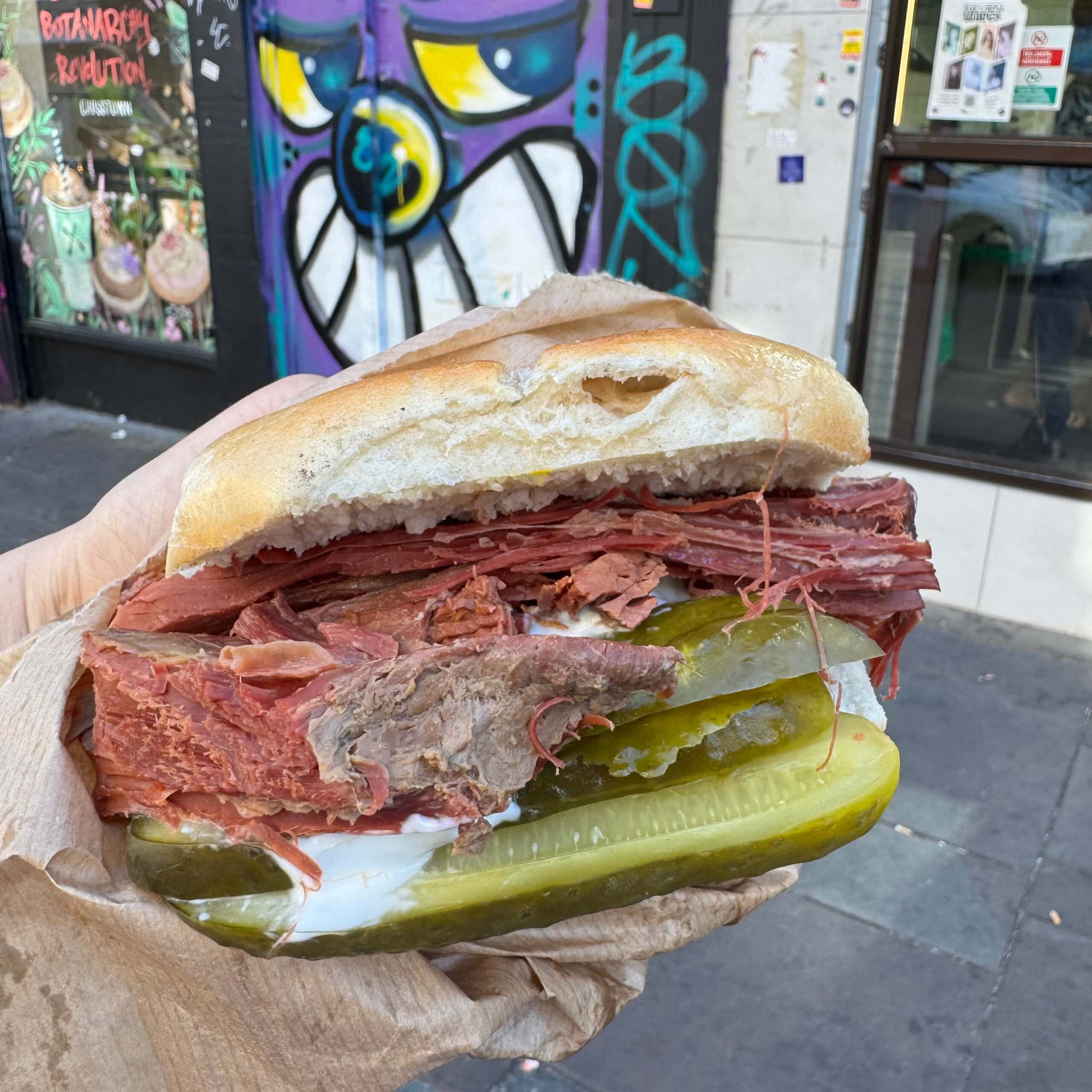 Salted beef bagel sandwich from Beigel Bake.