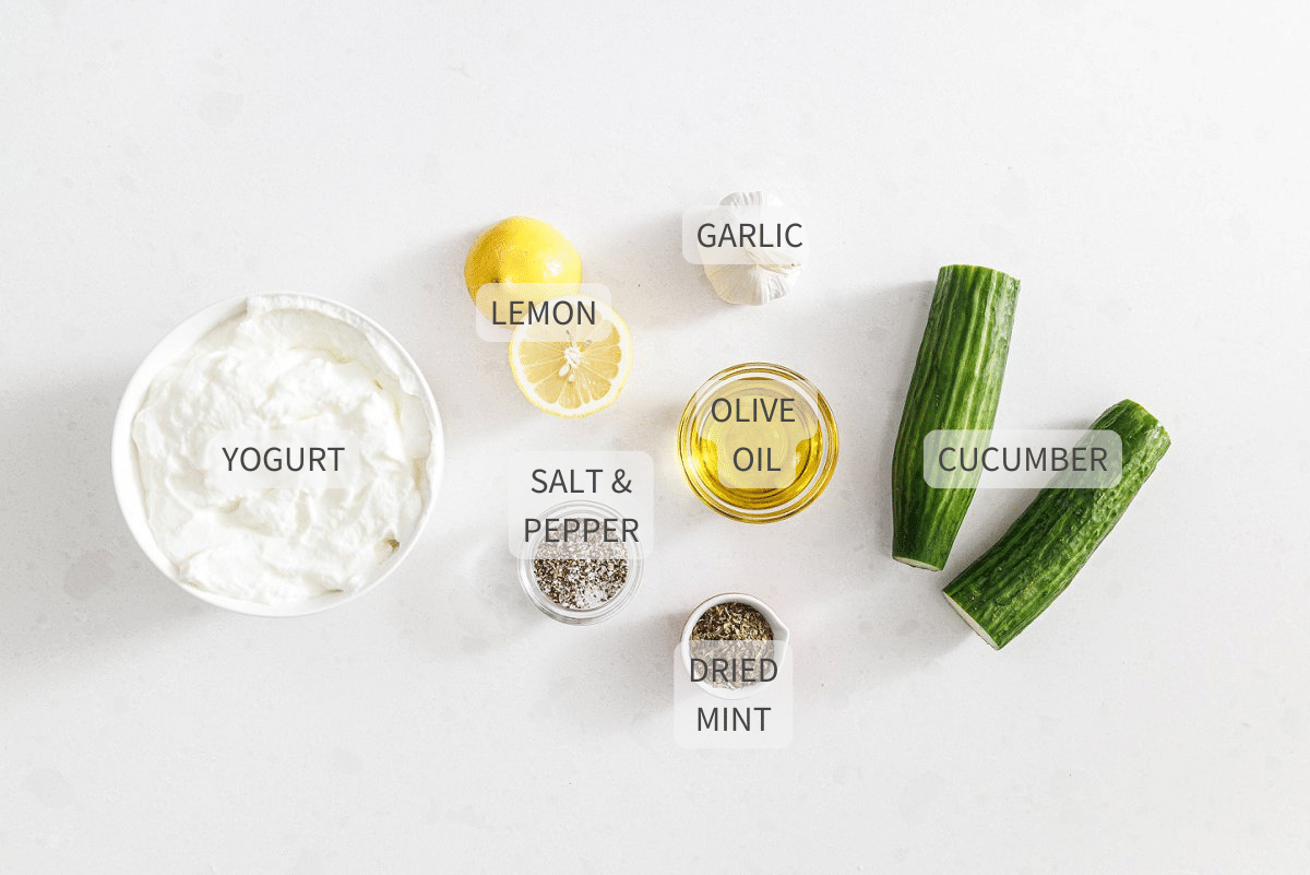 Labeled ingredients for chilled cucumber yogurt soup.
