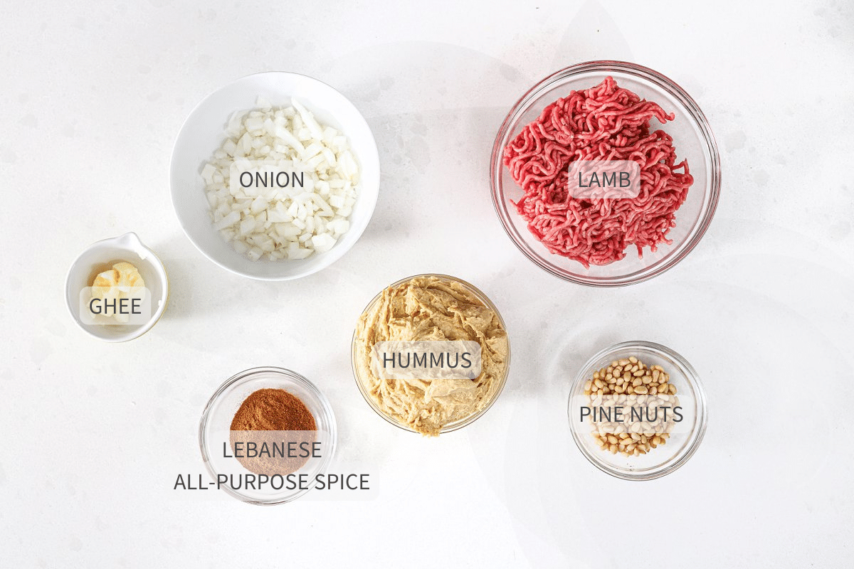 Labeled ingredients for hummus with ground lamb and toasted pine nuts.