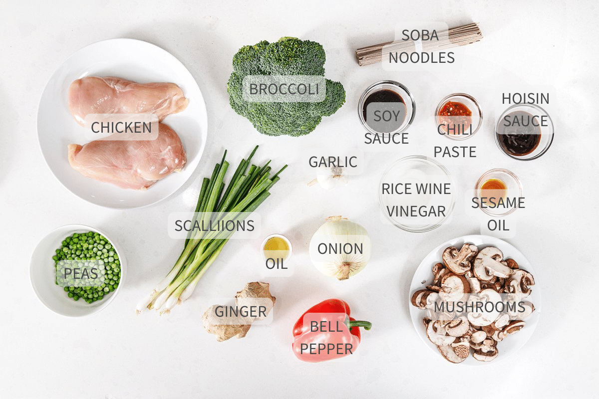 Labeled ingredients for spicy chicken and soba noodles on a white counter top.