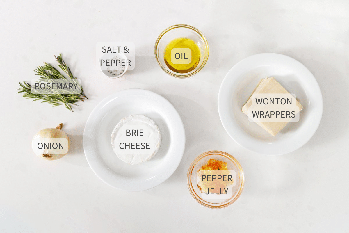 Labeled ingredients for baked brie with caramelized onions on a white counter.