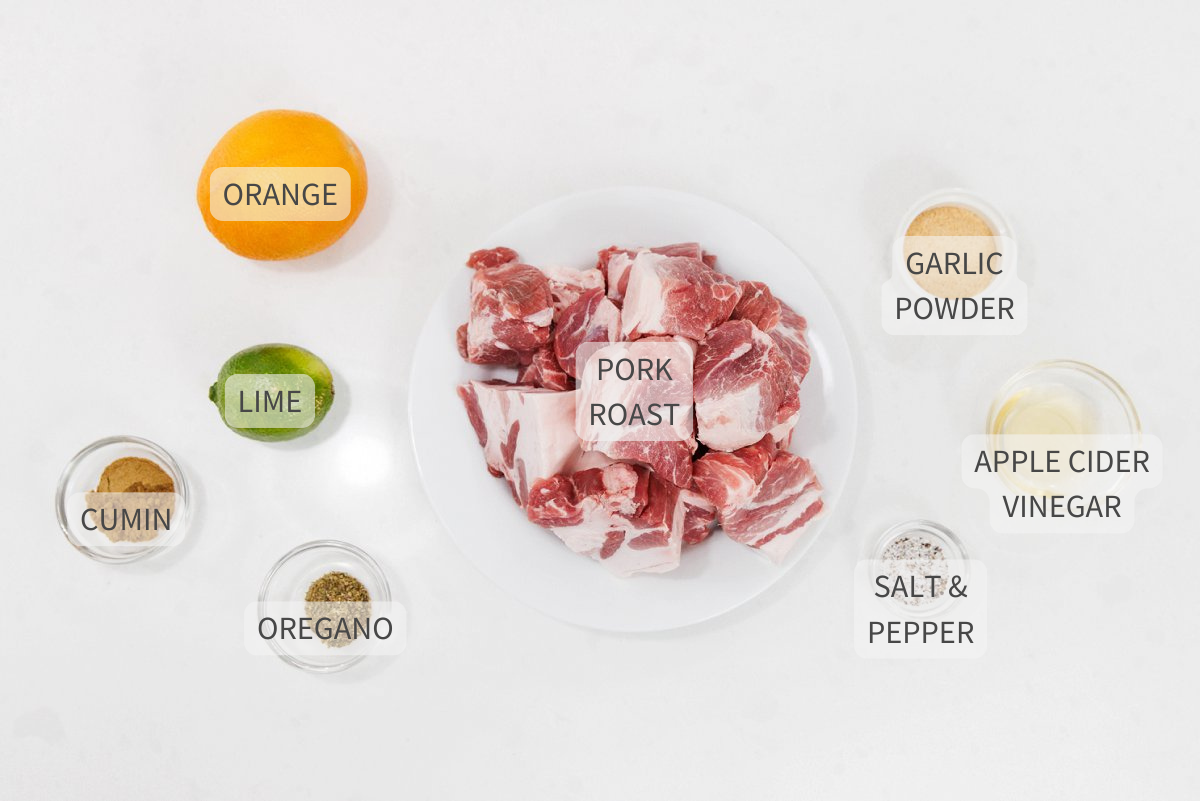 Labeled ingredients for slow cooker pork carnitas on a white counter.